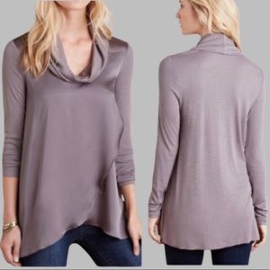 Deletta Anthropologie drape front cowl neck satin knit mixed long sleeve tunic